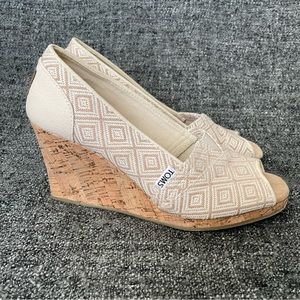 Toms Stella Peep Toe Wedge Tan Ivory Diamonds Cork Woven Fabric Women’s W8.5